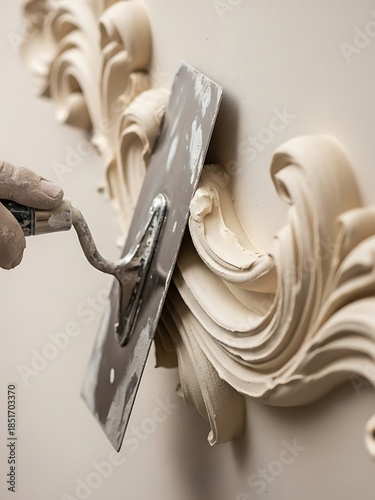 Ornate plasterwork being applied with a finishing trowel, interior design