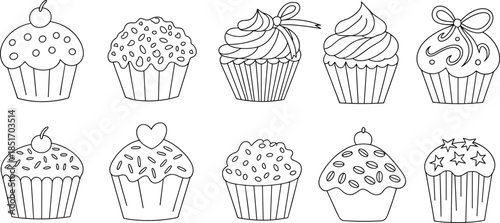 Cupcake collection hand drawn illustration sweet bakery desserts line art muffin icing sketch vector set