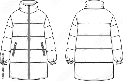 Puffer Jacket Technical Flat Sketch with High Collar, Zipper Front, Quilted Sleeves, Elastic Cuffs, and Slanted Zippered Pockets