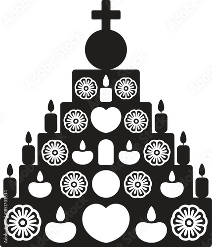 Skull candle pyramid silhouette vector with cross, religious memorial altar icon isolated on white background