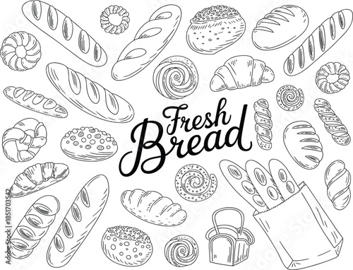 Fresh bread hand drawn bakery illustration vintage line art loaf baguette croissant collection sketch vector