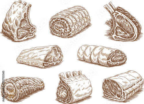 Vintage meat cuts illustration butcher beef pork lamb engraving hand drawn sketch vector isolated food set