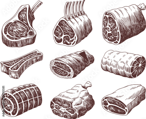 Meat cuts hand drawn illustration butcher beef lamb pork vintage engraving sketch vector isolated collection