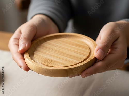 Person holding bamboo saucer or coaster, demonstrating sustainability concept