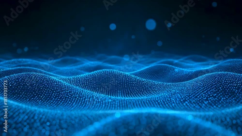 Abstract blue digital wave surface with glowing particles and flowing grid pattern background
