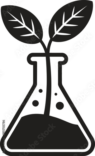 Plant laboratory flask silhouette vector, eco science experiment icon, botanical chemistry symbol isolated on white background
