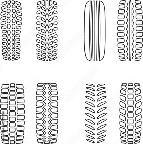 Set of Tire treads loaders Outline vector illustration isolated On Transparent Background