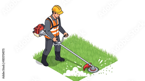 Illustration of a man using a string trimmer on a grassy area.