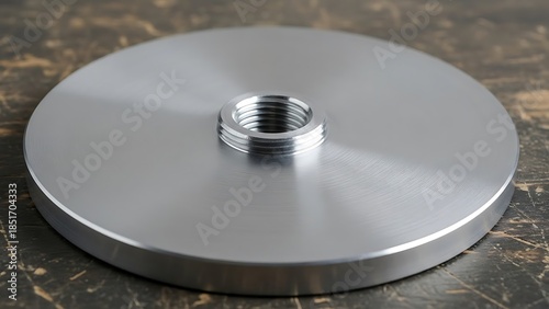 Precision engineered machined metal disc with internal thread closeup view