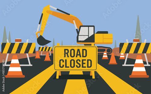 Road Closure Scene with Excavator and Cones on Highway