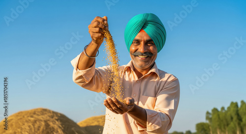 happy indian farmer falling grains through his hands in a sunny field