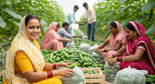 group of happy indian female farmers working together at greenhouse to harvest