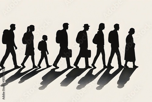 Human Migration Silhouette - Diverse People Walking in Line, Refugees, Travelers, Journey, Displacement, Exodus Concept