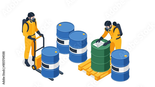 Illustration of two workers in hazmat suits handling chemical barrels on a pallet