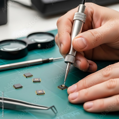 Precision soldering of microchips on a green work surface close up view