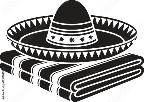 Mexican sombrero hat silhouette vector, traditional poncho blanket icon, latin culture symbol isolated on white background