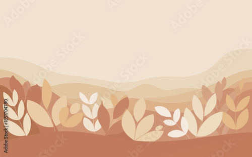A serene landscape illustration featuring leaves, plants, and earthy tones from a panoramic viewpoint