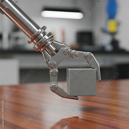 Robotic arm holding a concrete cube, automated process concept