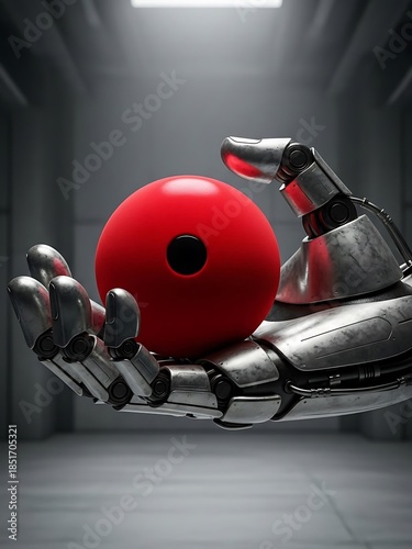 Robotic hand holding a luminous sphere in a metallic environment