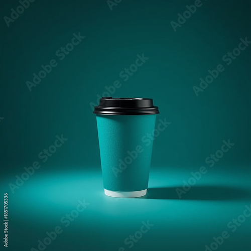 Coffee cup against background: The solitary coffee cup, a modern icon of comfort and energy, stands in stark relief against a rich, emerald backdrop, embodying the essential moments of daily life.