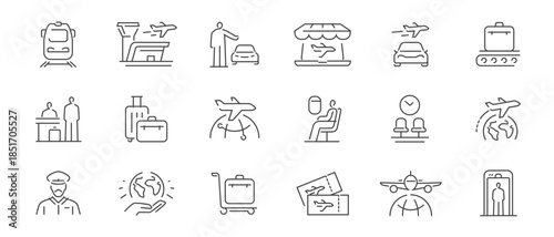 Airport icon set. Airlines, airplane sign. Tourism and trip symbols, pictograms for web, mobile app and infographics