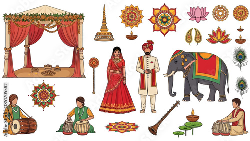 Flat lay illustration of Indian wedding elements with a couple, elephant, musicians and decorations on white background