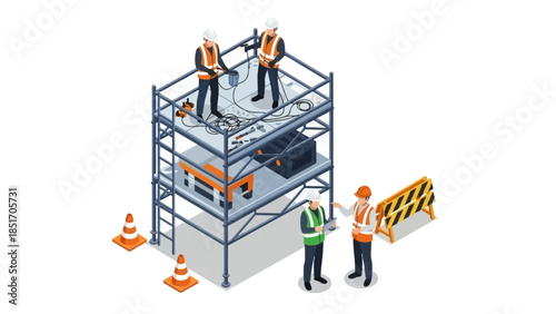 Illustration of construction workers on scaffolding with safety gear and barriers