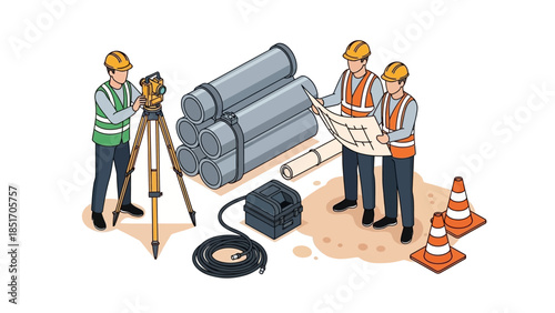 Illustration of construction workers reviewing plans with a theodolite and road cones on a building site