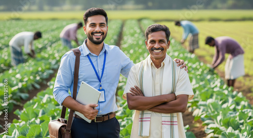 A confident agricultural officer stands beside a proud Indian farmer in a lush vegetable field, symbolizing modern farm advisory support and collaboration.