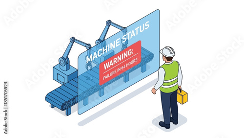 Isometric illustration of a worker in a hard hat viewing a machine status warning screen with industrial equipment.