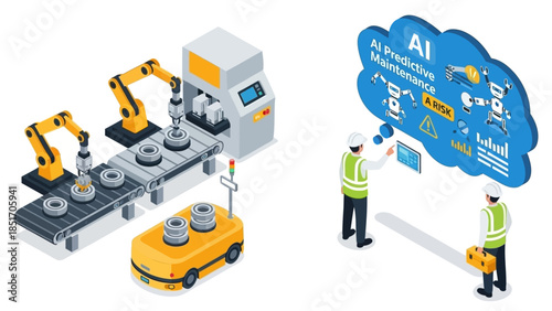 Illustration of industrial robots and workers with AI concept on a white background