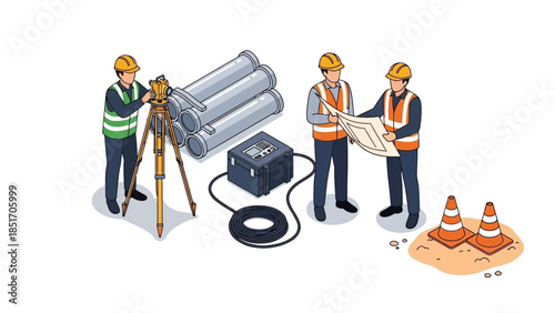 Illustration of three construction workers with safety gear operating surveying equipment and reviewing blueprints on a construction site