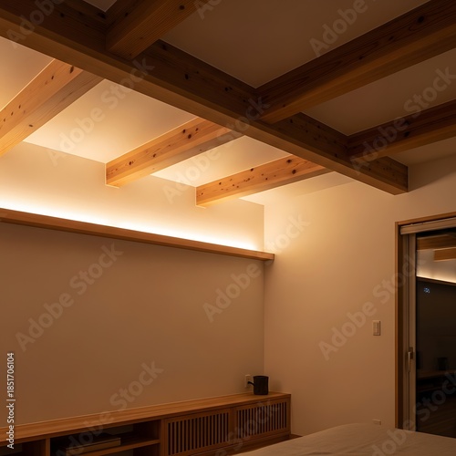 Serene bedroom interior featuring warm ambient light and wooden accents