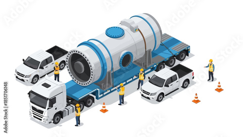Illustration of workers transporting a large industrial pipe on a truck with traffic cones around.