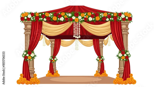 Illustration of a decorated Indian wedding mandap with red curtains and floral arrangements on a white background