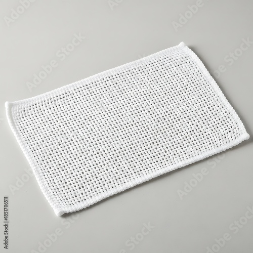 Simple white knitted rectangular textile on neutral background surface
