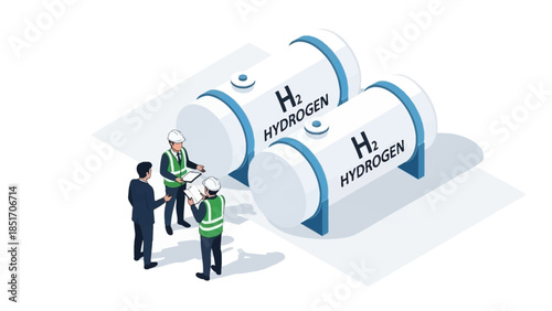 Isometric illustration of three workers and a businessman discussing hydrogen cylinders on a clean white background with a professional mood.