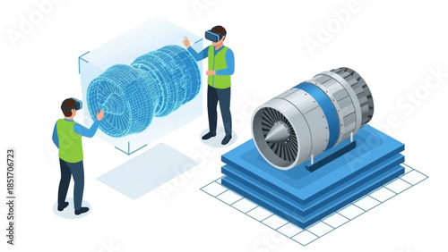 Illustration of two workers assembling a large industrial fan component on a grid platform with a transparent overlay.