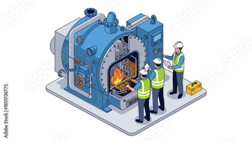 Isometric illustration of three workers in safety gear inspecting a large industrial furnace with a fire burning inside on a gray platform