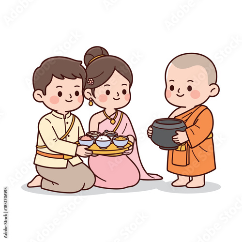 Cute cartoon couple offering food to monk in traditional Thai dress