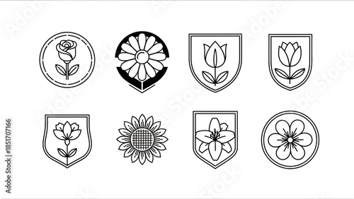 Set of eight elegant flower emblem designs with various flowers inside decorative shields and circles in a clean black and white line art style