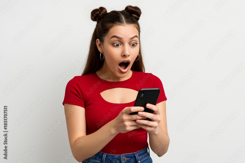 Naklejka premium Surprised young woman with phone on white background expressing shock and excitement in casual clothing, emotional reaction concept photo. Ai generative