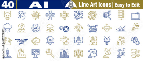 Set of 40 artificial intelligence line art icons in blue and gold colors, easy to edit