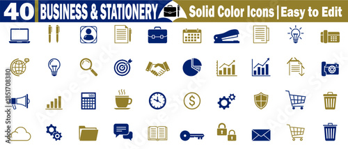 Set of 40 business and stationery solid color icons easy edit vector graphic