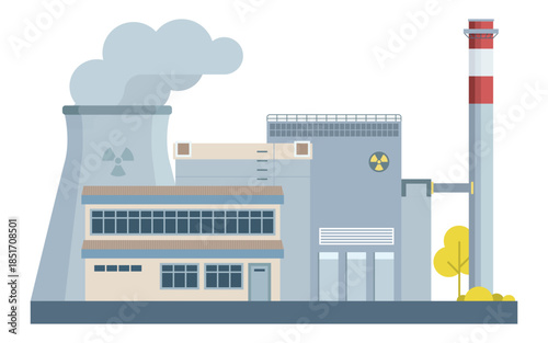 Flat Vector Illustration of a Nuclear Power Plant with Cooling Tower and Chimney