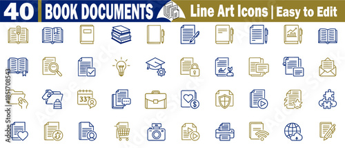 Collection of 40 book document line art icons easy edit vector graphic