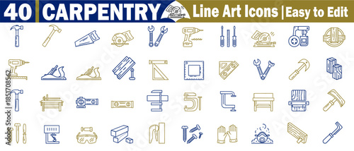 40 carpentry line art icons easy to edit collection for construction and woodworking projects