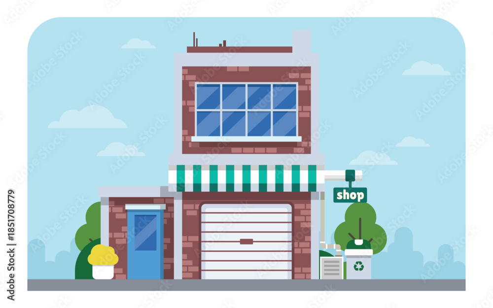 Fototapeta premium Small Modern City Shop Icon with Recycling Bin and Red Awning - Clean Editable Flat Vector Illustration
