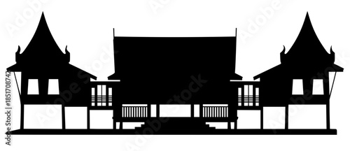 Minimalist black silhouette of a traditional Thai stilt house (Ruen Thai).