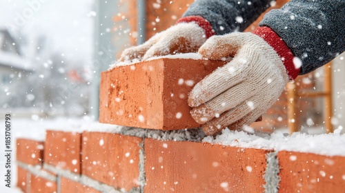 Hands in gloves laying a red clay brick during snowy winter construction